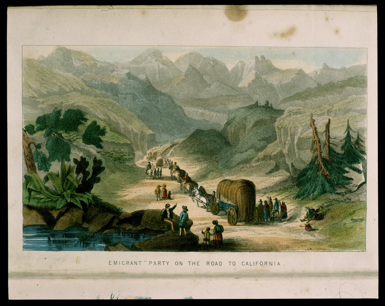 Emigrant Party on the Road to California i 1596, illustration fra Californien, dets tidligere historie, dets nuværende position, dets fremtidsudsigter af G.A. Fleming, 1850 af American School