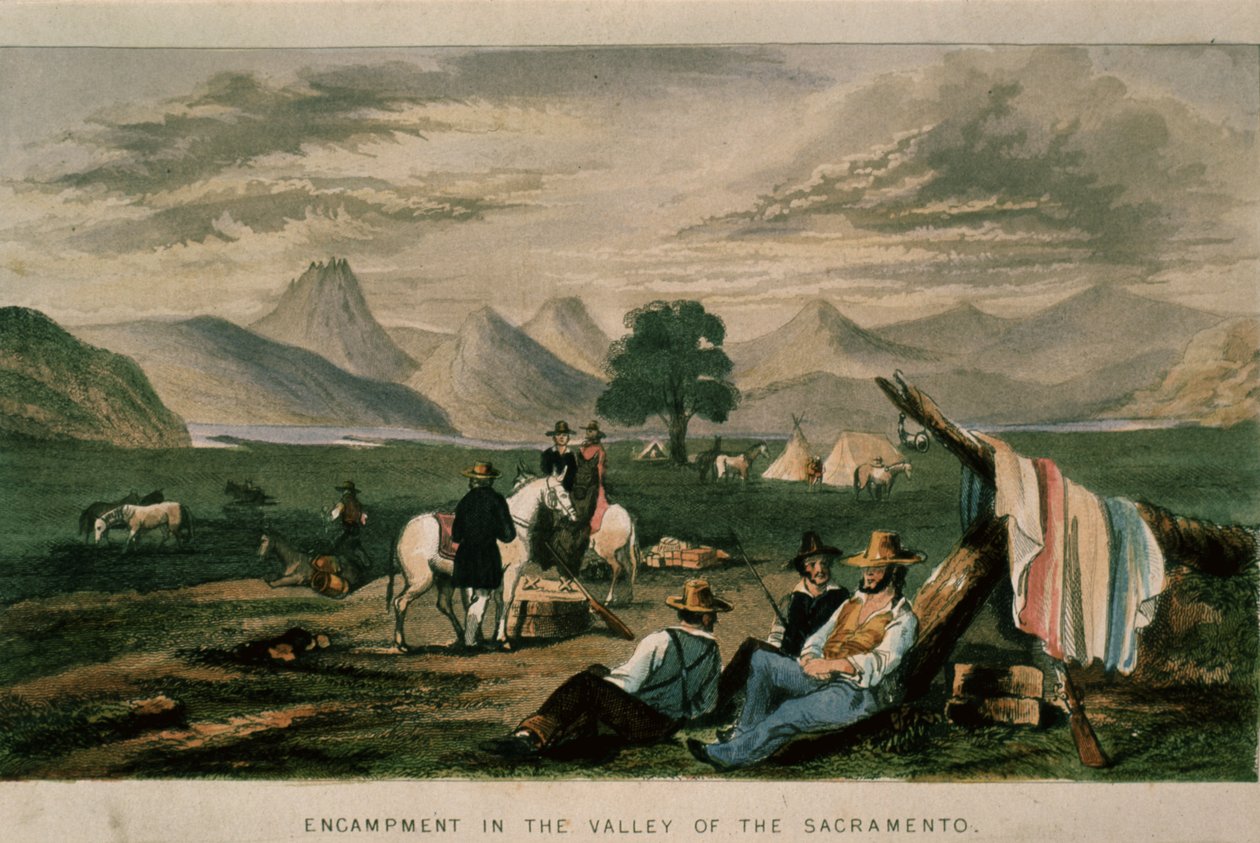 Lejr i Sacramento-dalen i 1598, illustration fra Californien, dets tidligere historie, dets nuværende position, dets fremtidsudsigter af G.A. Fleming, 1850 af American School