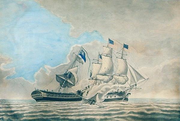 Engagement mellem U.S. Fregate Constund og H.M.S. Guerriere (akvarel, gouache og blæk på papir) af American School