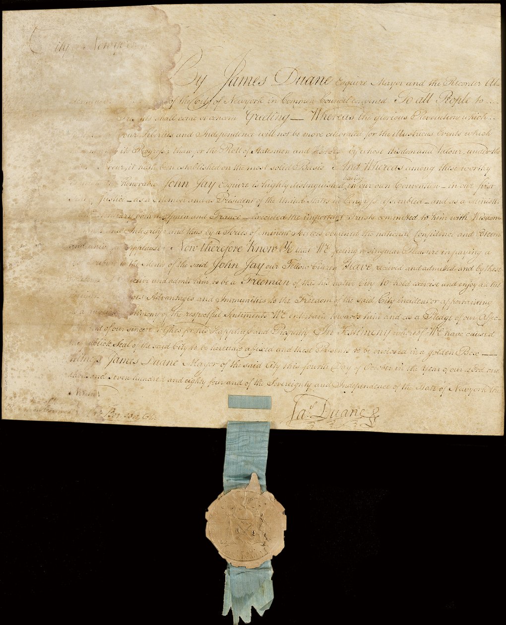 Opslugt proklamation, der giver byens frihed til John Jay af American School