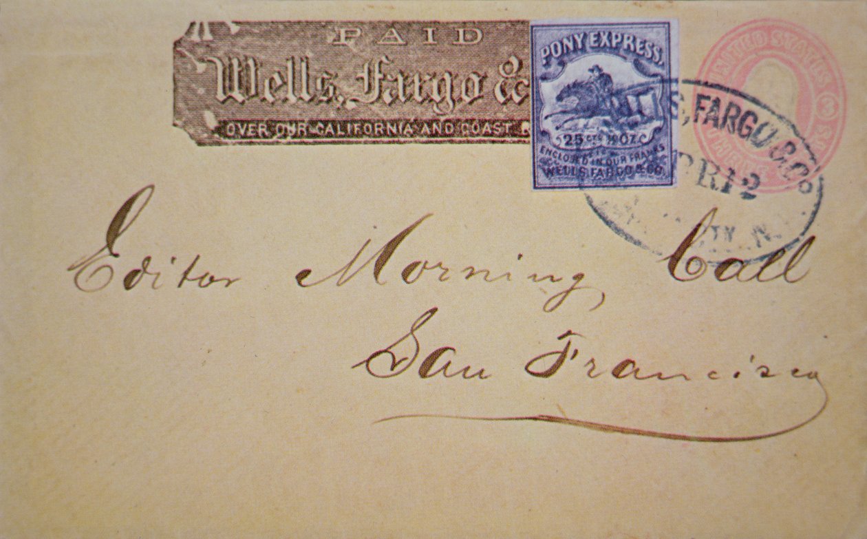 Konvolut med Wells Fargo Pony Express stempel påsat (pen & blæk på papir) af American School