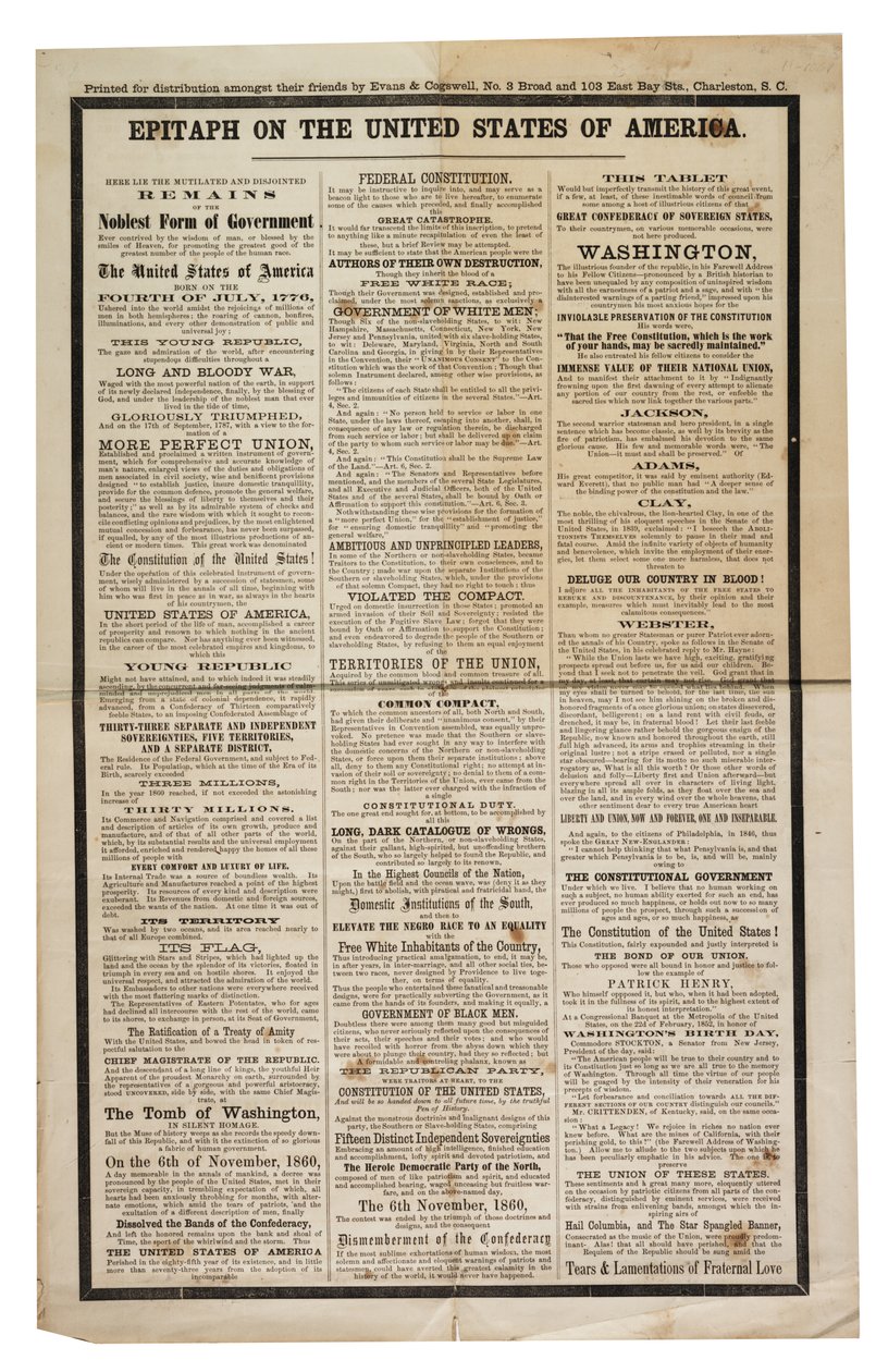 Epitafium om Amerikas Forenede Stater, ca. 1861 af American School