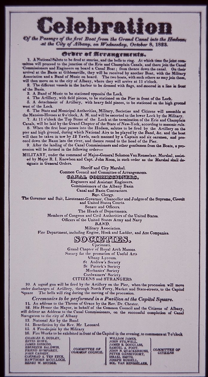 Erie Canal: nøgledel af New York State Canal System; Broadside af 8. oktober 1823, der fejrer åbningen (færdiggjort i 1825) (litho) af American School