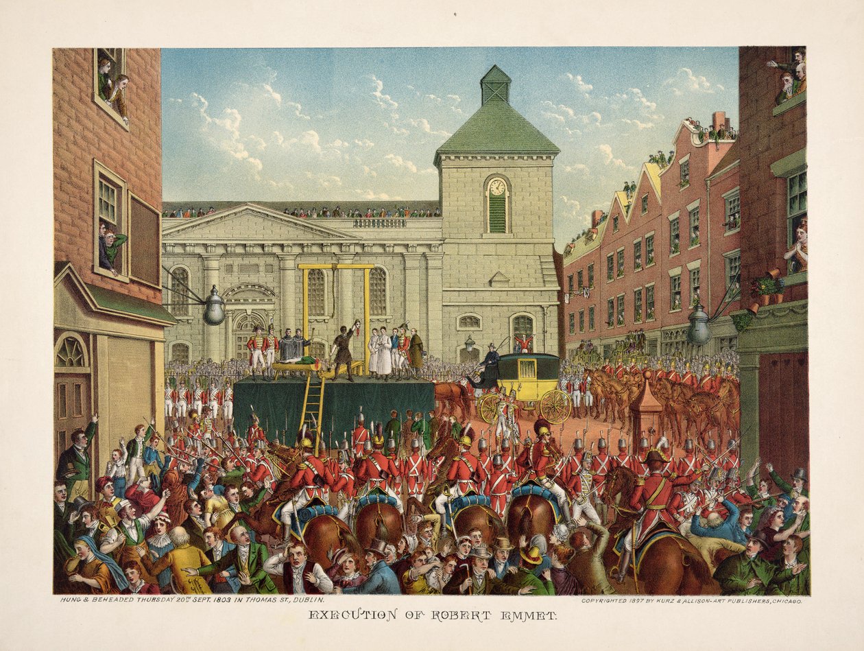 Henrettelse af Robert Emmet i Thomas Street, 20. september 1803, pub. 1803 (farve litho) af American School
