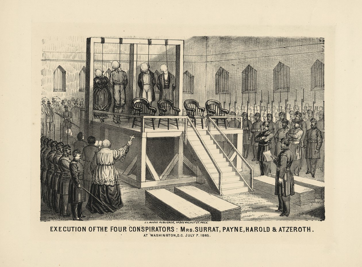 Execution of the Four Conspirators: Mrs Surrat, Payne, Harold & Atzerith at Washington DC, July 7, 1865, pub. 1865 dani af American School