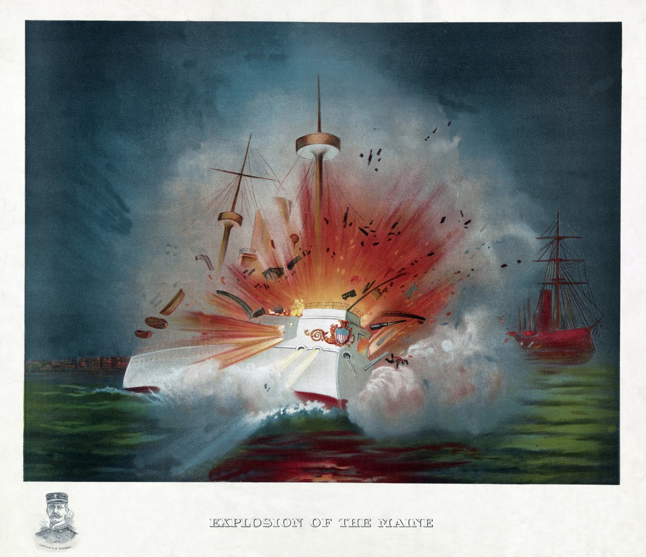 Eksplosion af Maine, pub. 1898 (farvelitografi) af American School