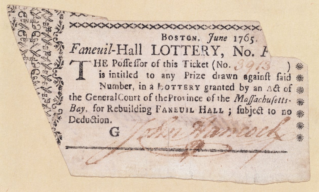 Faneuil-Hall Lottery Ticket, underskrevet af John Hancock (1737-93) 1765 (blæk på papir) af American School