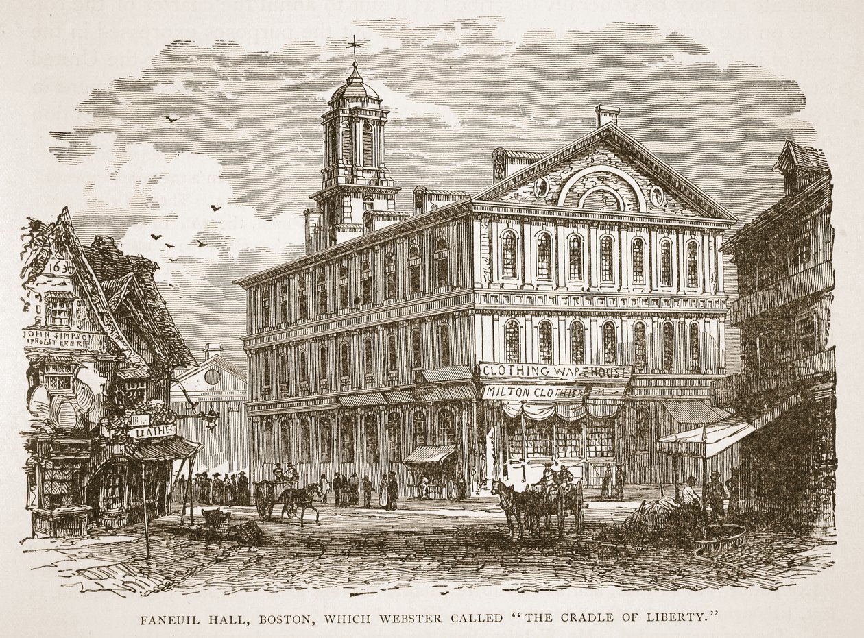 Faneuil Hall, Boston, som Webster kaldte The Cradle of Liberty, fra en bogpub. 1896 af American School