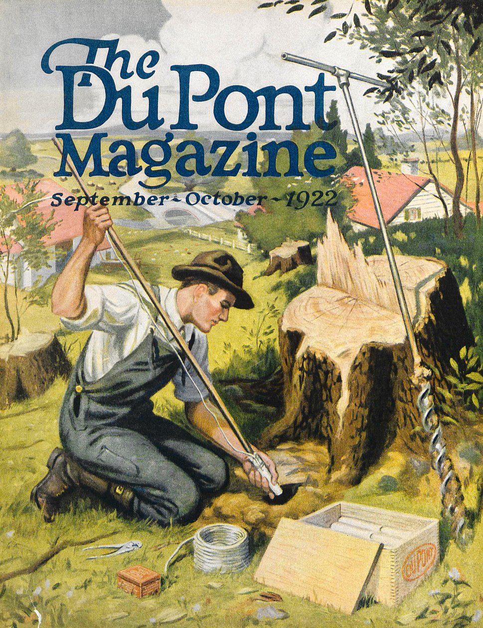 Landmand planter DuPont-dynamit, forside af DuPont Magazine, september-oktober 1922 af American School