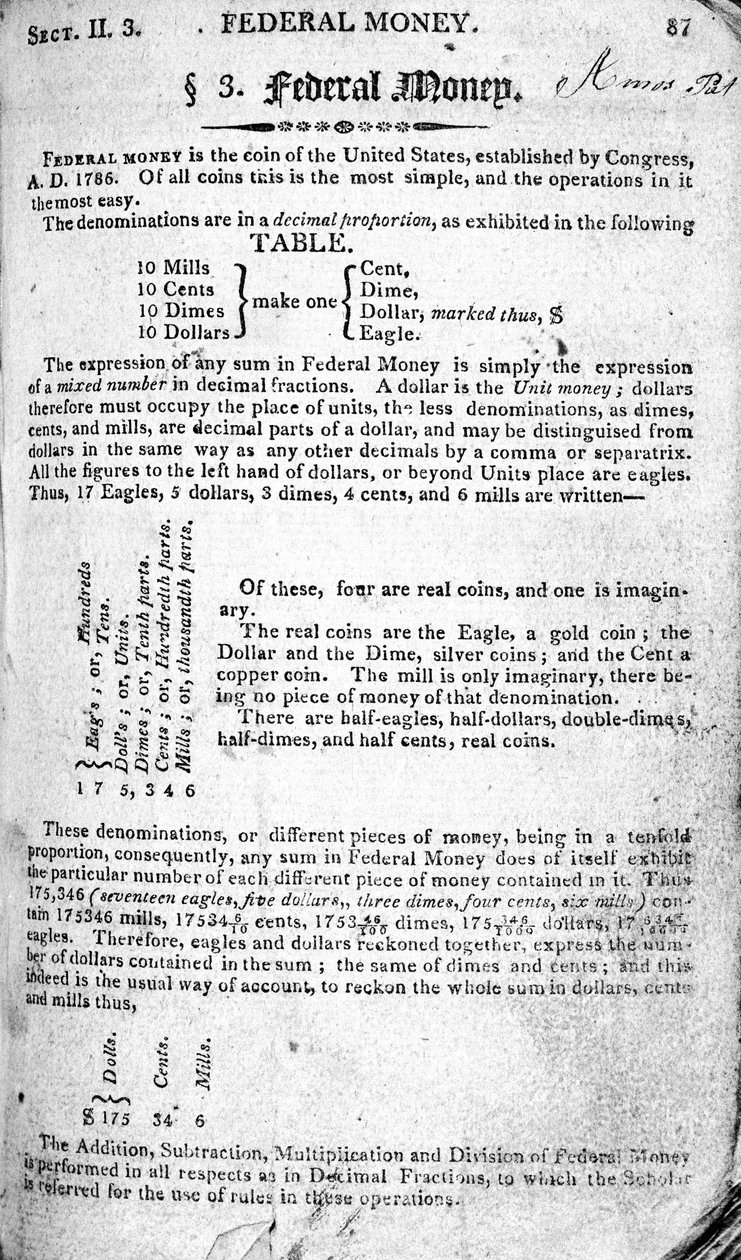 Federal Money, side fra The Scholars Arithmetic 6th Edition, af Daniel Adams, udgivet af N.H.Keene, 1810 (print) af American School