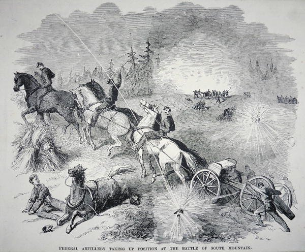 Føderalt artilleri tager stilling ved slaget ved South Mountain, september 1862 (gravering) af American School