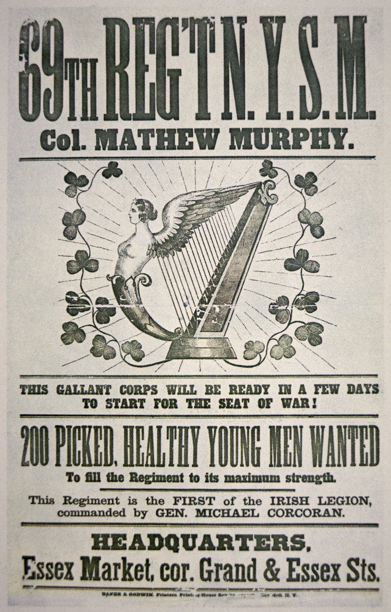 Føderal rekrutteringsplakat for 69. regiment, appellerer til irske immigranter (farve litho) af American School