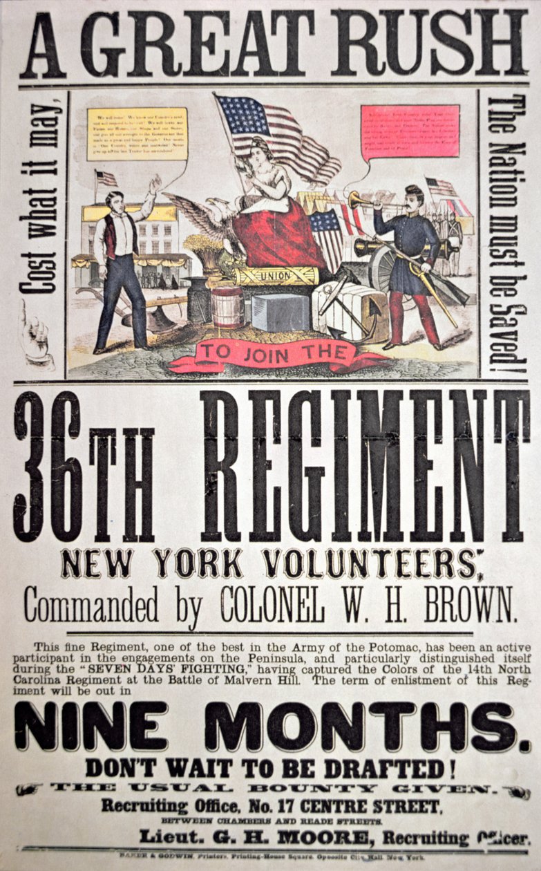 Føderal rekrutteringsplakat for det 36. regiment, New York frivillige (farve litho) af American School