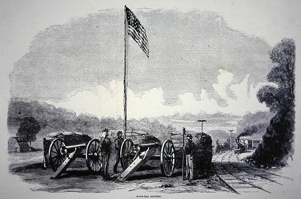 Føderalt sandsækkebatteri til beskyttelse af jernbanen under den amerikanske borgerkrig (1861-65) (litho) af American School