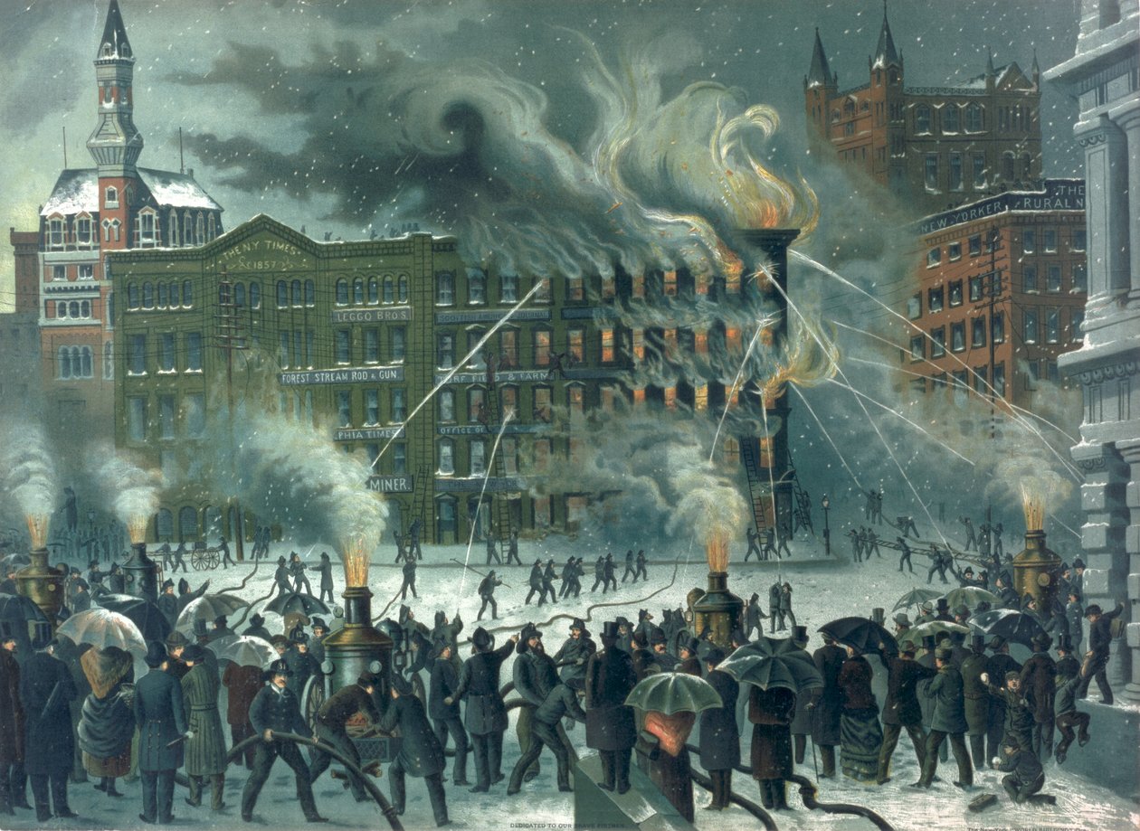 Brand i New York World Building, dedikeret til Our Brave Firemen, pub. af W.M. Bruns, 1882 af American School
