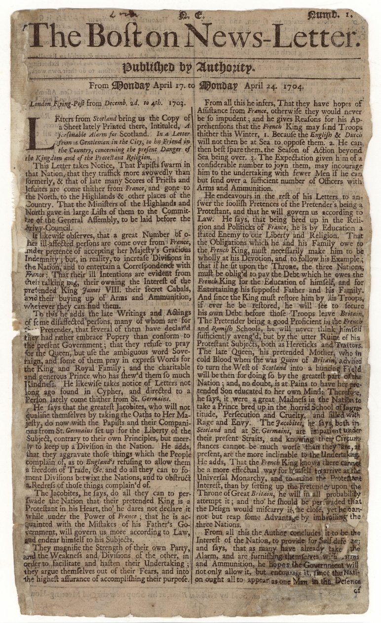 Første udgave af Boston News-Letter, 1704 (avispapir) af American School