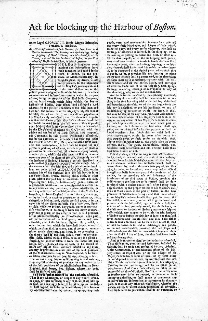 Første side af en bredside, der skitserer loven om blokering af havnen i Boston, 1774 (avispapir) af American School