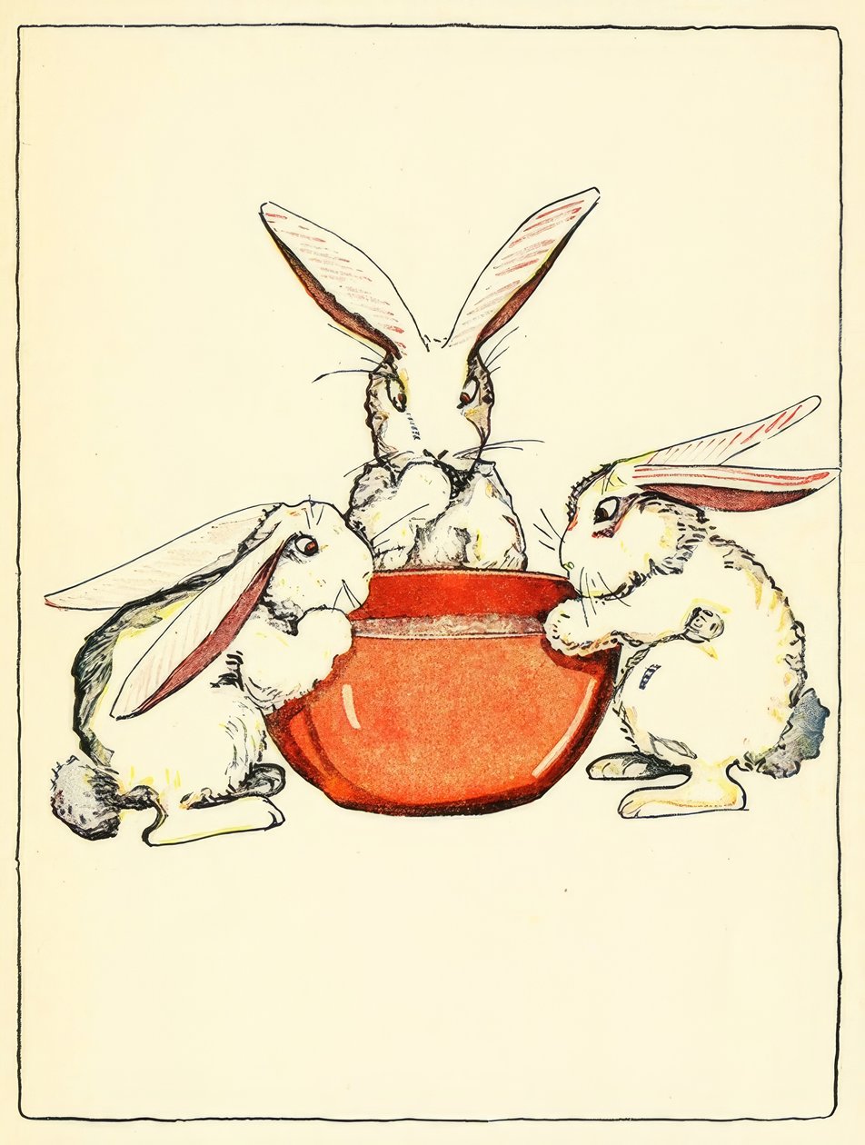Flopsy, Mopsy og Cotton-Tail havde brød og mælk og brombær til middag af American School