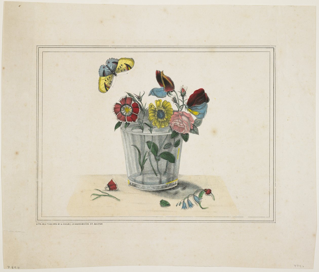 Blomster i et glas, med sommerfugl (håndfarvet litho) af American School