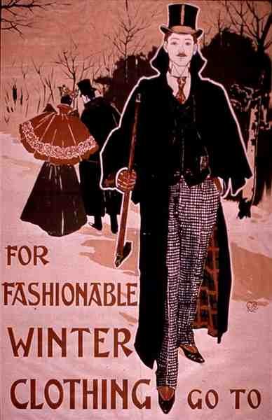 "For Fashionable Winter Clothing" (farve litografi) af American School