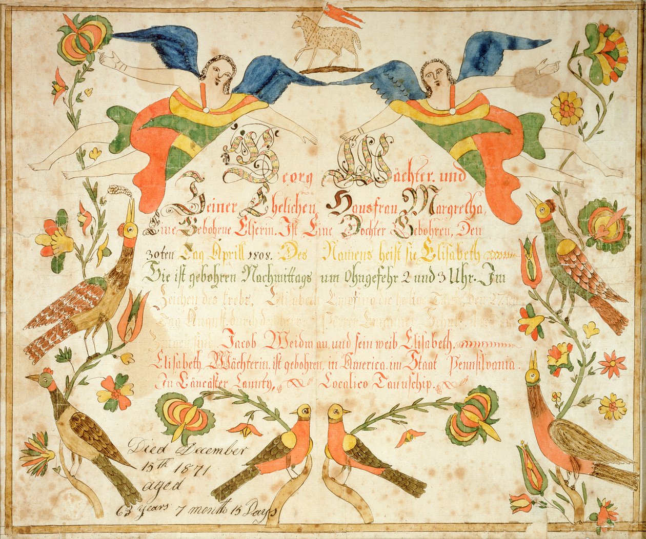 Fraktur til fødsels- og dåbsattest for Elizabeth Wachter (1808-71) 1808 (blæk  akvarel på papir) af American School