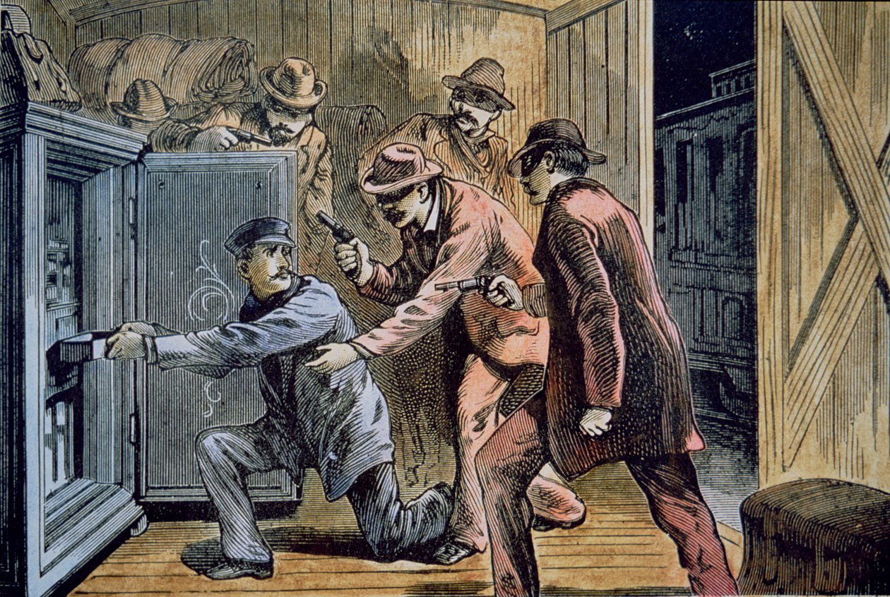 Frank og Jesse James Gang røver ekspresvognen af et tog i 1879 (farve litho) af American School