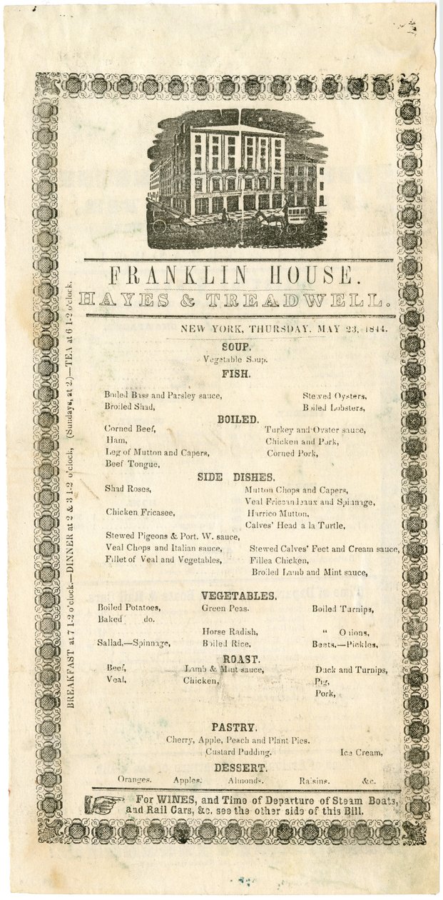 Franklin House Menu for 23. maj 1844, 1844 (indgraveret menu) af American School