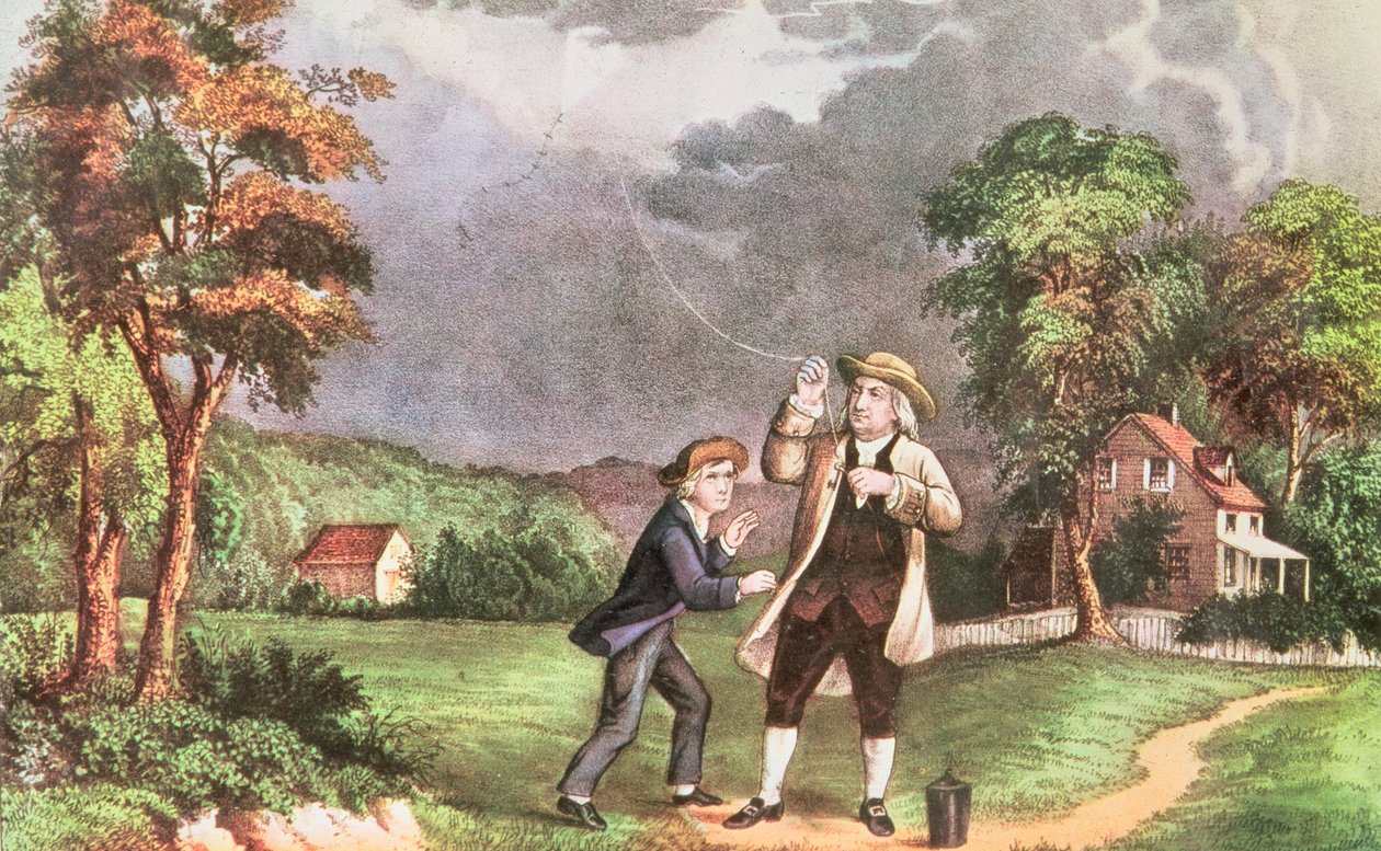Franklins eksperiment i elektricitet ca. 1746, pub. af Currier og Ives (print) af American School