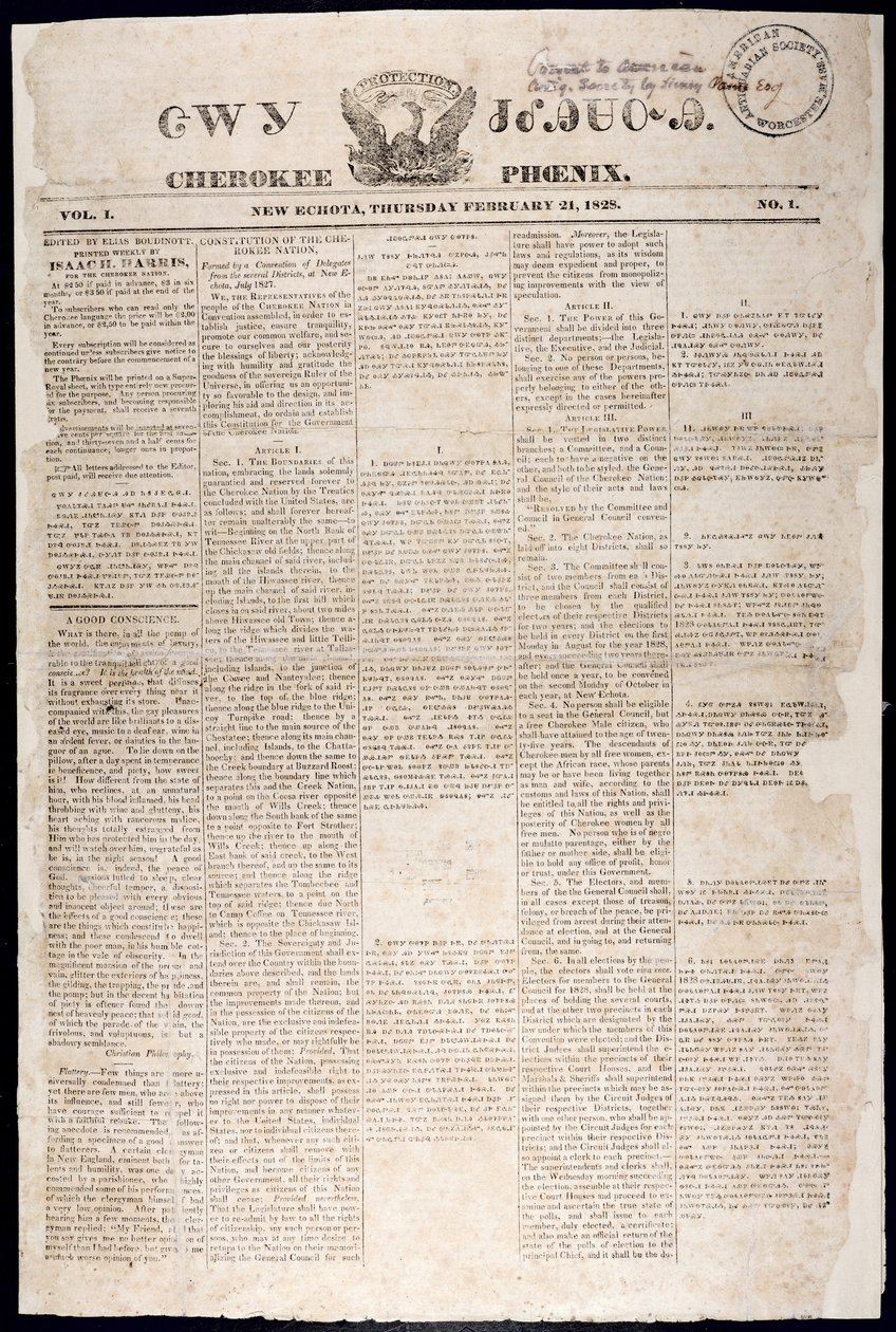 Forside fra Cherokee Phoenix, 21. februar, 1828 (tryk) af American School