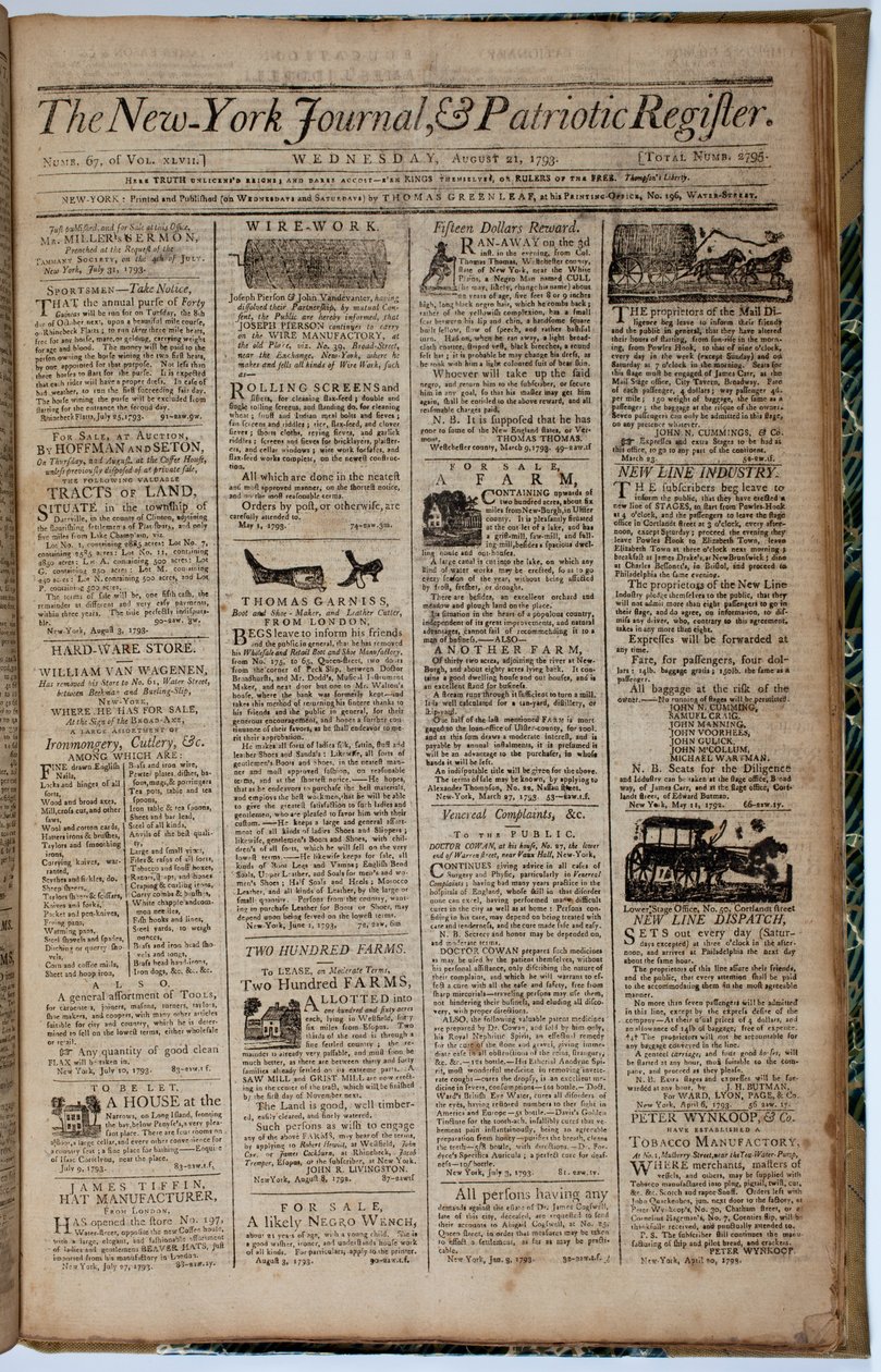 Forsiden af New York Journal and Patriot Register, 21. august 1793 af American School