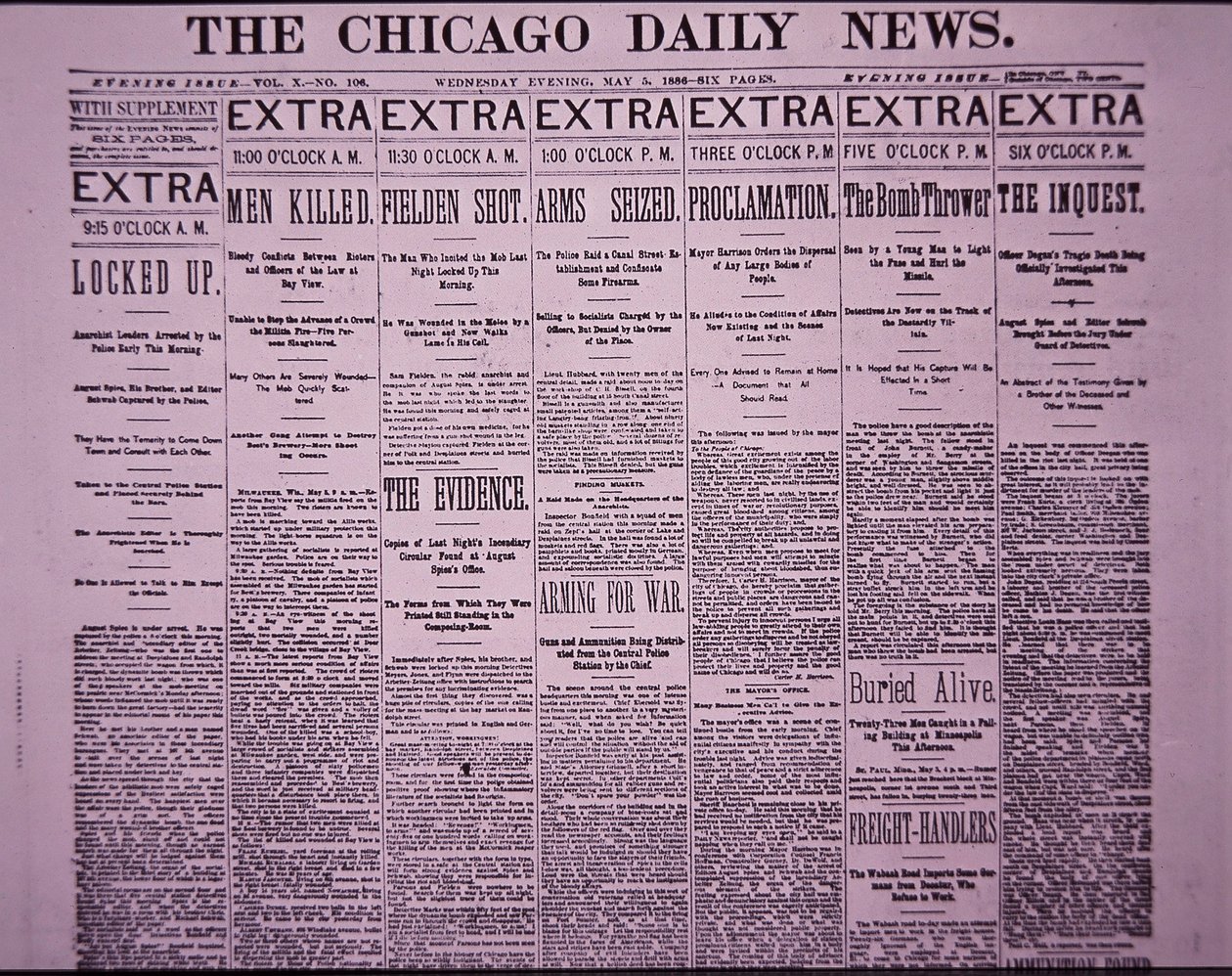 Forsiden af The Chicago Daily News rapporterer Chicago Haymarket Labor Riot, 5. maj 1886 (avispapir) af American School