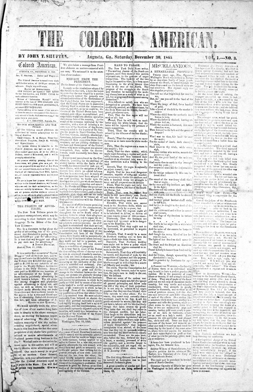 Forsiden af The Coloured American, 30. december, 1865 (print) af American School