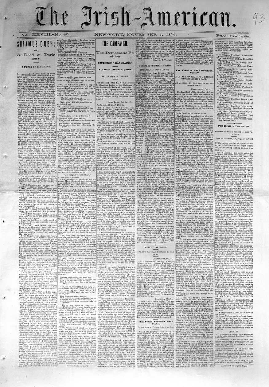 Forsiden af The Irish-American, udgivet i New York, 4. november, 1876 (avispapir) af American School