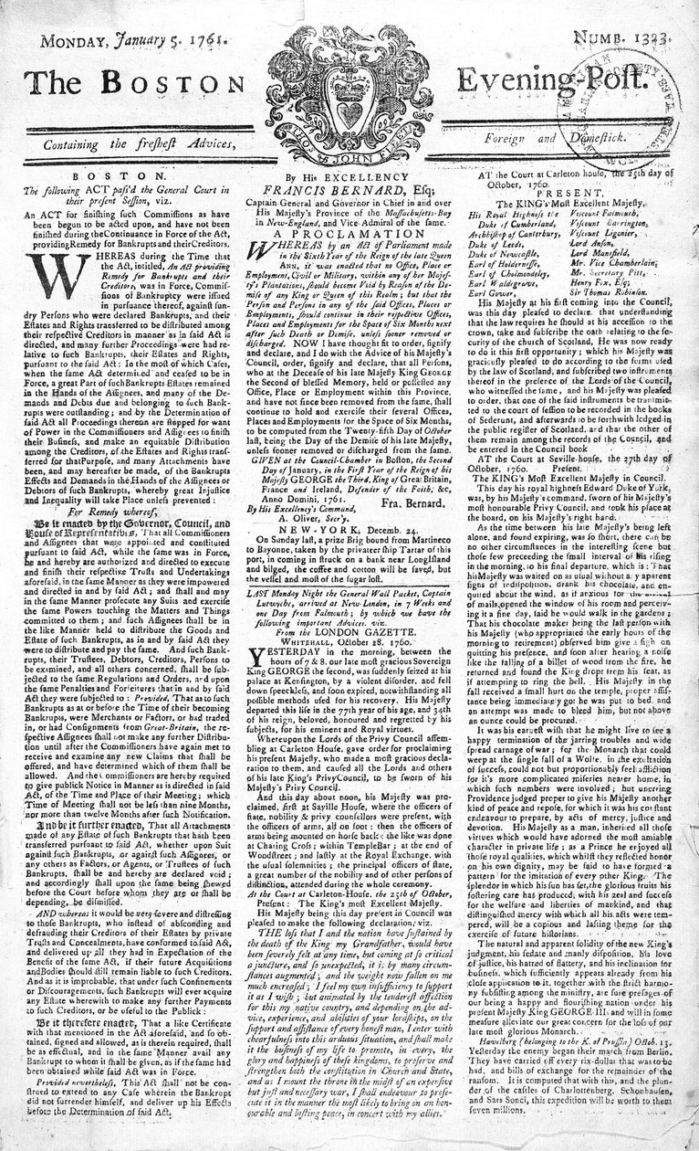 Forsiden af Boston Evening Post, der annoncerer kong George IIs død (1683-1760), 5. januar, 1761 (tryk) af American School