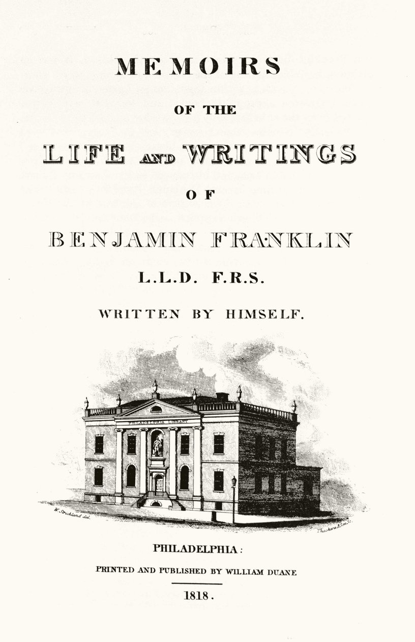 Frontispice af "Memoirs of the life and writings of Benjamin Franklin"" selvbiografi af Benjamin Franklin. Udgave af 1818. af American School