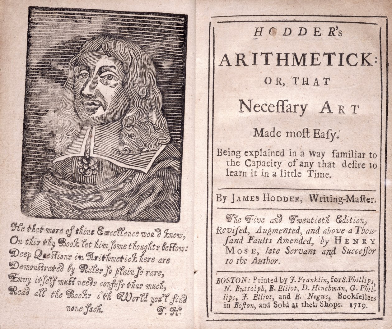 Frontispice og titelside til Hodders Arithmetic or, That Necessary Art Made most Easy, af James Hodder, 1719 af American School
