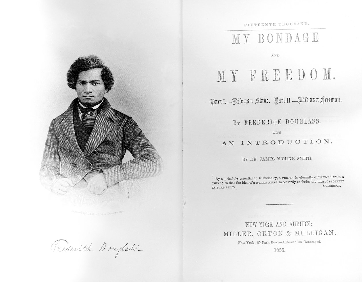 Forside og titelblad til My Bondage and My Freedom, af Frederick Douglass (1818-95) udgivet 1855 (tryk) af American School