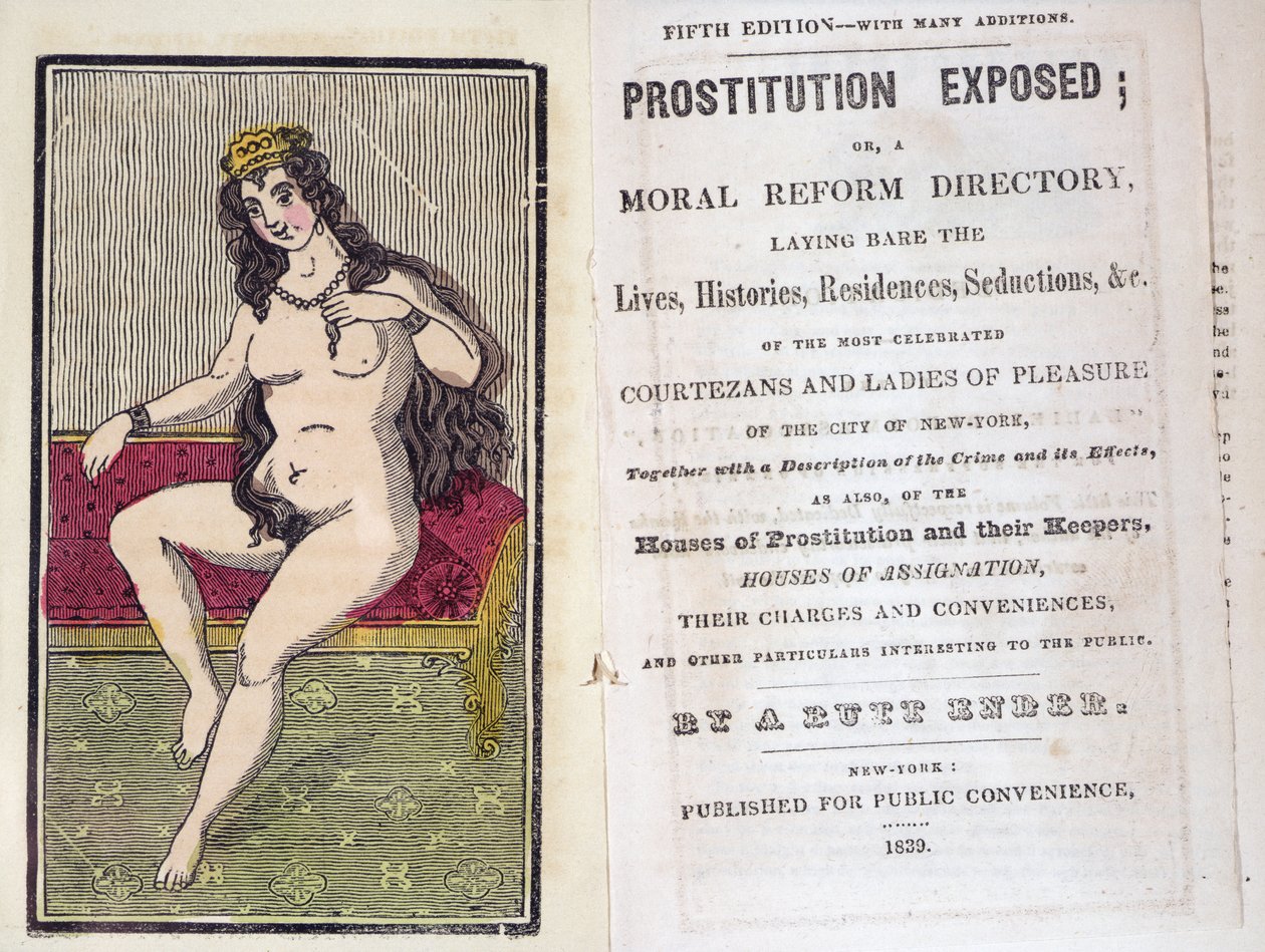 Frontispice og titelblad til Prostitution Exposed af A. Butt Ender, udgivet New York 1839 af American School