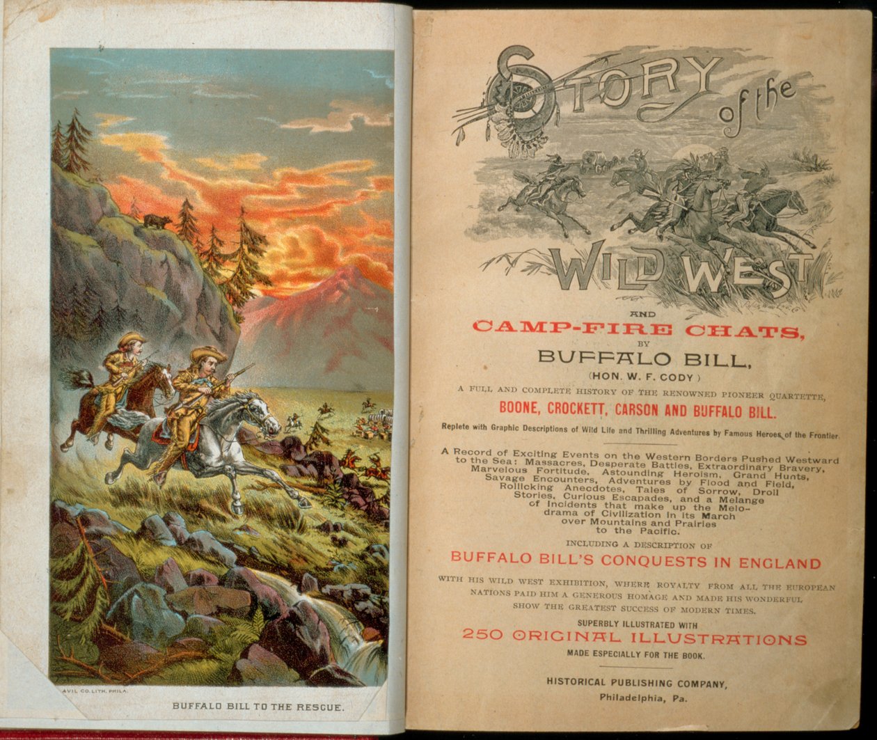 Frontispice og titelblad til Story of the Wild West og Camp Fire Chats af Buffalo Bill (1846-1917) af American School
