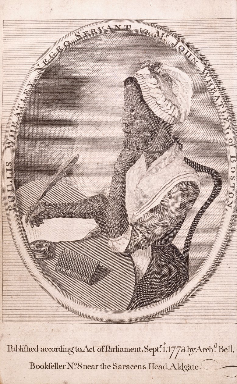 Frontispice-portræt af forfatteren, Phillis Wheatley, fra bogen 