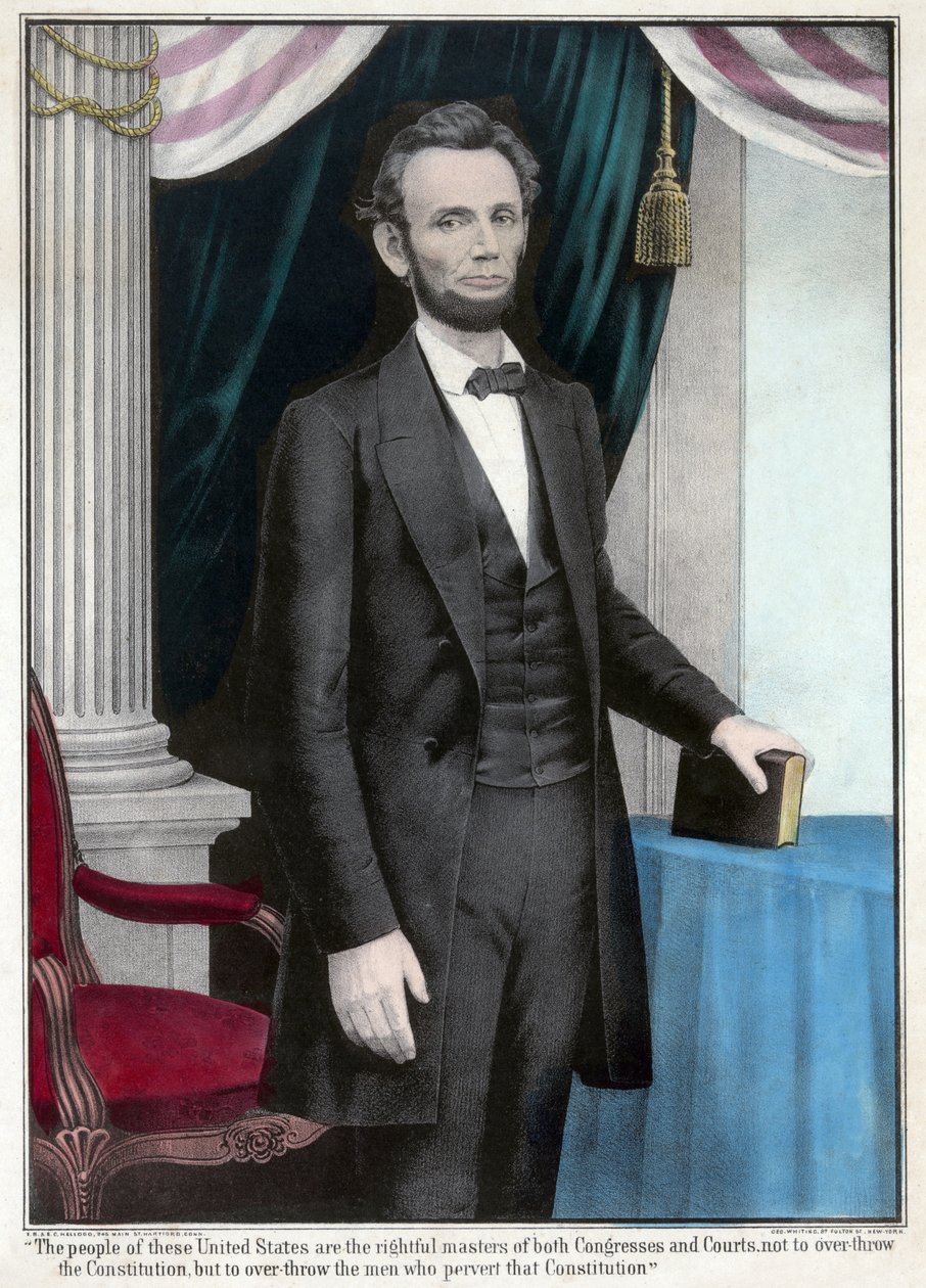 Portræt af Abraham Lincoln i fuld længde, pub. 1865 (farvelitografi) af American School