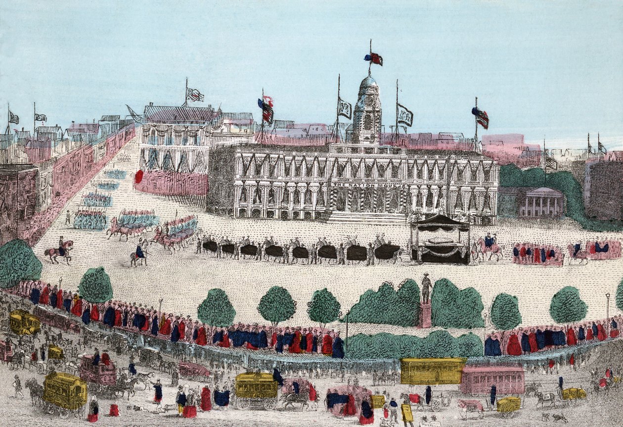 Abraham Lincolns begravelsesproces den 25. april 1865 i New York, pub. 1865 (håndfarvet gravering) af American School