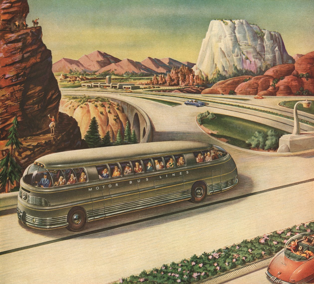 Futuristisk passagerbus, der rejser på en motorvej i det amerikanske sydvest af American School