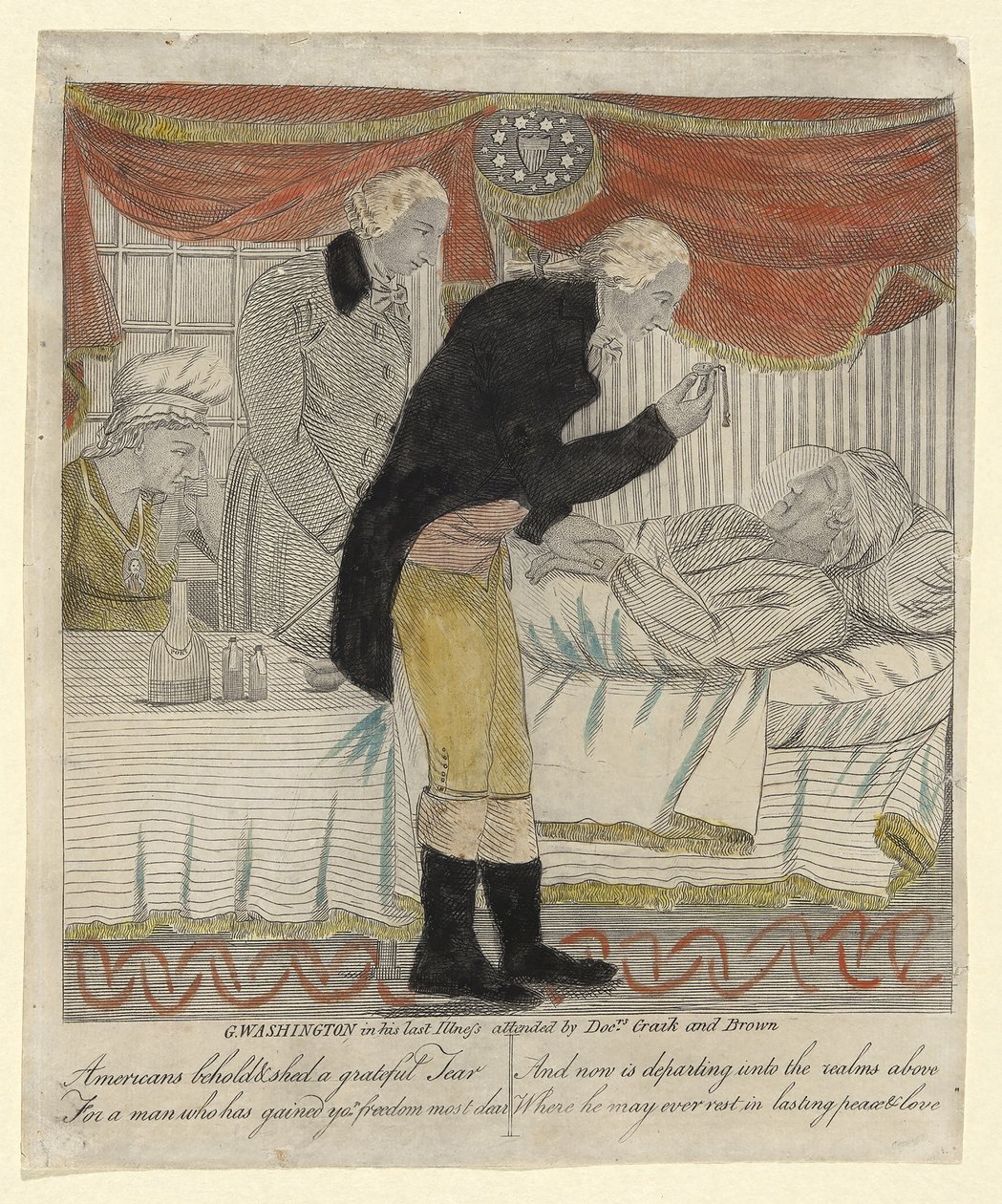 G. Washington i sin sidste sygdom, overværet af Dr. Craik og Brown, pub. ca. 1800 (håndfarvet gravering) af American School