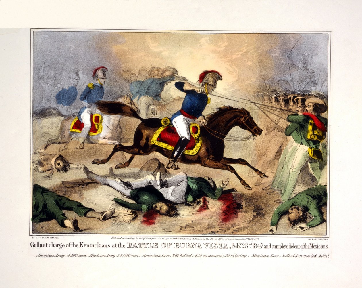 Kentuckianernes galante angreb i slaget ved Buena Vista, 23. febr. 23. februar 1847 og fuldstændigt nederlag til mexicanerne, pub. 1847 (håndkoloreret litografi) af American School