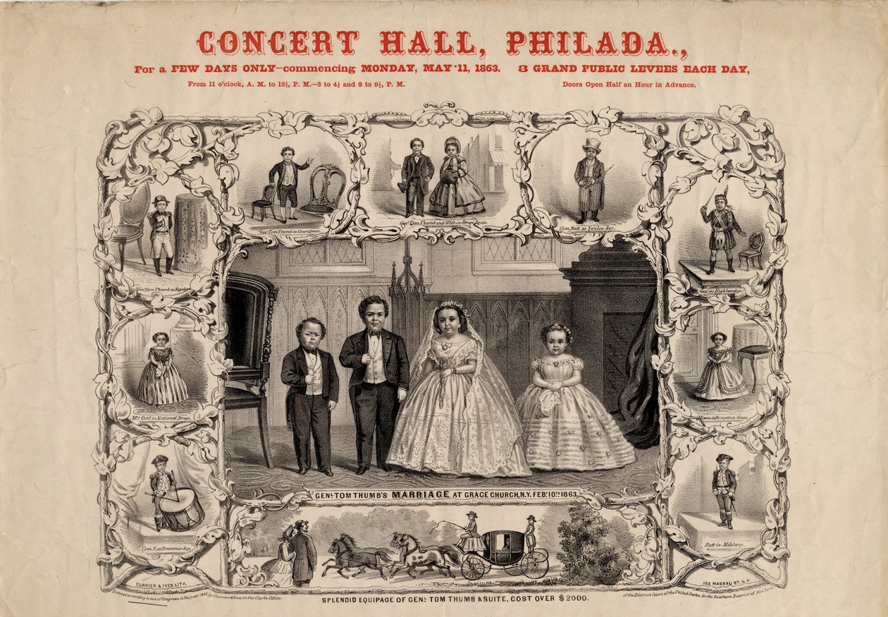 Gen. Tom Thumb og hustru, Com. Nutt og Miss Minnie Warren, pub. af Currier & Ives, 1863 af American School