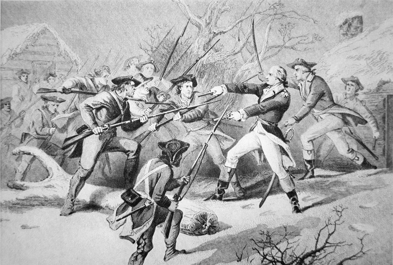 General Anthony Wayne forsøger at dæmpe et mytteri af pennsyvanske tropper fra Morristown nytårsdag 1781 (litho) af American School