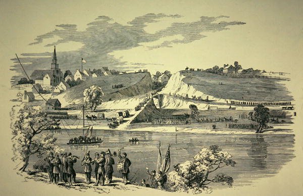 General Banks (1816-94) Union Division krydsede Potomac fra Williamsport, Maryland, for at angribe den konfødererede hær under general Jackson (1824-63) i 1862 (litho) af American School