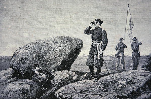 General G.K. Warren ved signalstationen på Little Round Top, Battle of Gettysburg af American School