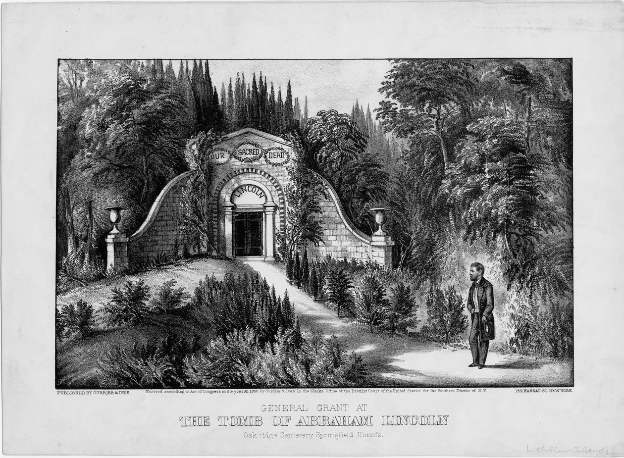 General Grant ved Abraham Lincolns grav, Oak Ridge Cemetery, Springfield, Illinois, pub. af Currier & Ives, 1868 af American School